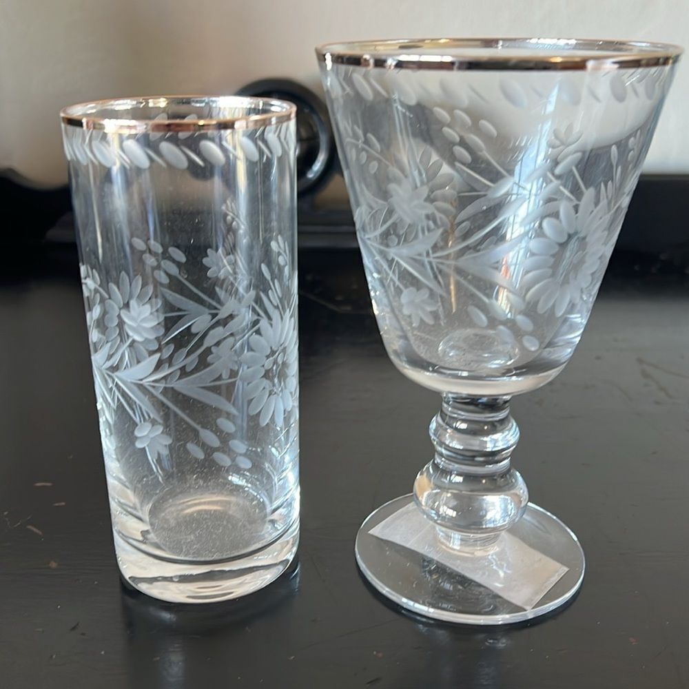 Pottery Barn Etched Glass Tumbler & Goblet